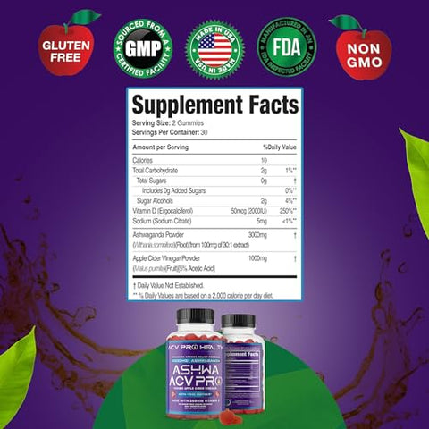 Promethean Wellness - Ashwa ACV Pro Health – Gomas de Vinagre de Maçã sem Açúcar, Gomas de Ashwagandha, Gomas Avançadas de ACV Keto, Suplementos de Ashwagandha com Vitamina D, Alívio do Estresse