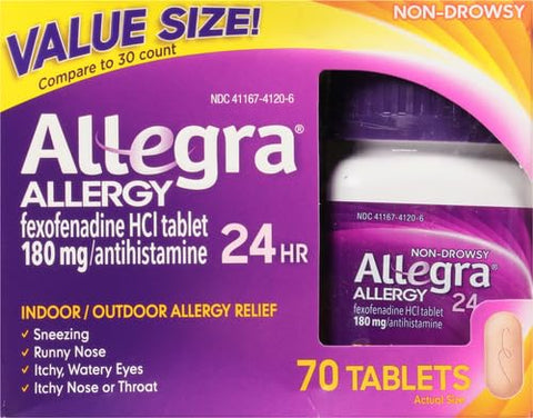 Adulto 24HR Antialérgico Não Sonolento, 70 Comprimidos, Alívio Rápido dos Sintomas de Alergia, 180 mg - Allegra