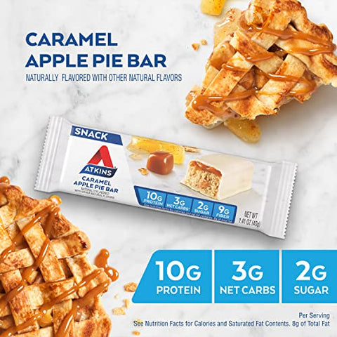 Barra de Snack Atkins, Torta de Maçã Caramelada, Sabor Natural, Rica em Proteínas e Fibras, Baixo Carboidrato, Baixo Açúcar (30 Barras)