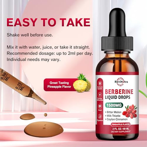 ReviNutra - Berberine HCL Líquido 1500mg com Canela Ceylon, Melão Amargo, Cardo de Leite – Sistema Imunológico e Digestivo – Marca Berberine Drops