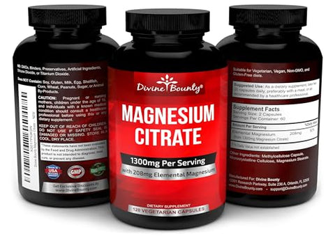 Divine Bounty - Cápsulas de Citrato de Magnésio Puro – Suplemento de Magnésio 1300mg com Magnésio Elemental – 120 Cápsulas Vegetarianas