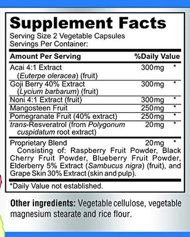 YUMMYVITE - Superfood Complexo de Frutas Super Antioxidantes – Açaí, Goji, Noni, Mangostão, Romã, Sambucus, Resveratrol, Suporte Imunológico, Cuidados com a Pele – 60 cápsulas