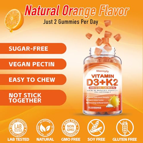 Maennyliy - Vitaminas D3 K2 Gummies para Adultos – D3 5000IU K2 (MK-7) 120mcg – Sem Açúcar – Suplementos D3 e K2 com Ômega-3, Metil B12, B9, B6, Vitamina E