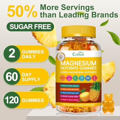 CNFHDI - Magnesium Glycinate Gummies 600mg – 120 Unidades | Magnésio Glicinato Sem Açúcar com Vitamina D, B6 e CoQ10 para Equilíbrio Emocional