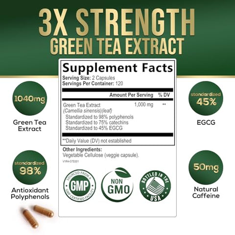 Nature's Nutrition - Extrato de Chá Verde em Cápsulas para Perda de Peso 1000mg 98%% Padronizado em EGCG – 3X Mais Potente para Energia Natural – Suporta a Saúde Antioxidante do Coração com Polifenóis, Suplemento Herbal Vegano