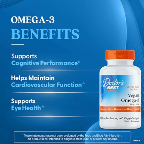 Doctor's BEST - Vegan Omega-3 EPA DHA, 60 Softgels Vegetais – Ômega-3 Vegano, 60 Cápsulas Vegetais