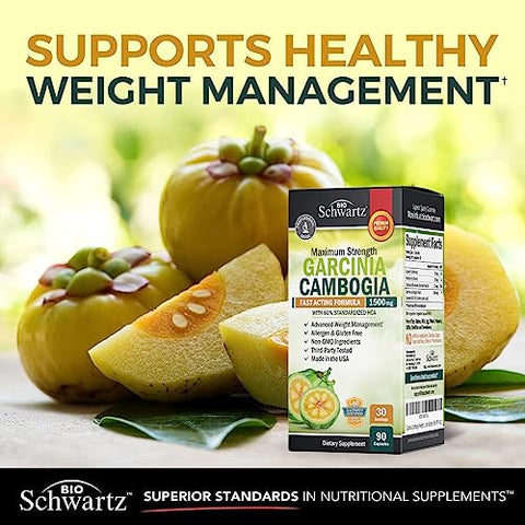 BioSchwartz - Garcinia Cambogia Pílulas para Perda de Peso – 1500mg Extrato Puro de HCA – Supressor de Apetite de Ação Rápida – Queimador de Gordura para Mulheres e Homens para Auxiliar na Perda de Peso – Bloqueador de Carboidratos Metabolismo