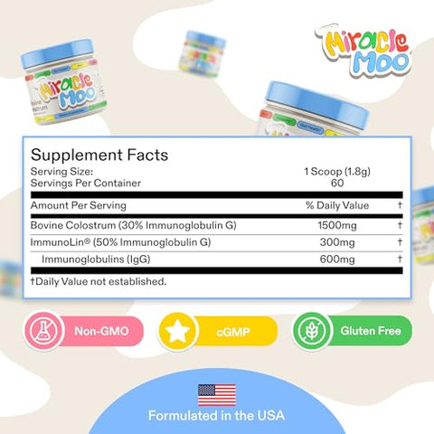 Miracle Moo - Suplemento de Colostro para Saúde Intestinal, Crescimento Capilar, Beleza e Suporte Imunológico – Pó Bovino de Pasto Fácil de Misturar – Maior IgG Plus ImmunoLin, Sem Sabor, 60 Porções