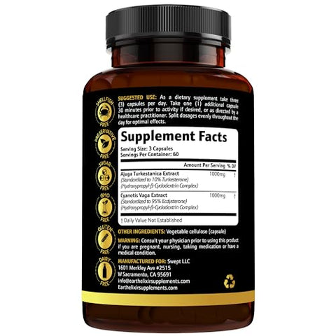 Earth Elixir - Turkesterone 1000mg e Ecdysterone 1000mg (180 Cápsulas) – 2 Meses de Fornecimento – Testado por Terceiros – Suplemento Turkesterone para Homens (Ajuga Turkestanica) com 95% Beta – Marca Turkesterone