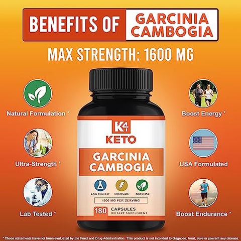 K4 Keto - Garcinia Cambogia 1600 mg (180 Cápsulas) – Extrato Puro Natural – Suplemento em Cápsulas Padronizado como Alternativa a Gotas, Gomas, Líquido e Chá – Garcinia Cambogia 1600 mg – Primeiro a Marca do Produto