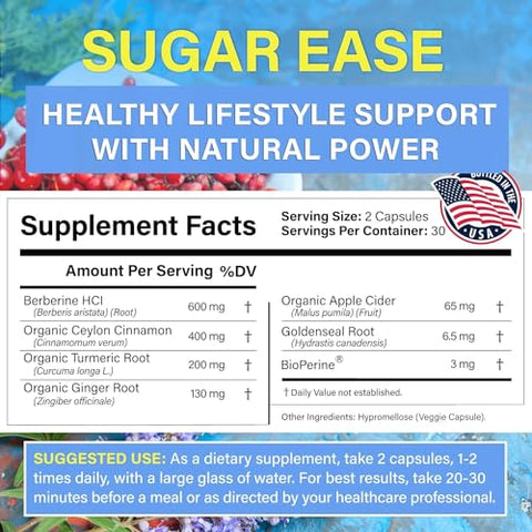 Avenir Nutrition - Sugar Ease – Suplemento Premium de Berberina, Vinagre de Maçã, Canela – Suporta a Função Cardiovascular e Gastrointestinal, Cápsulas de Nutrientes Orgânicos de Canela, 120 Cápsulas