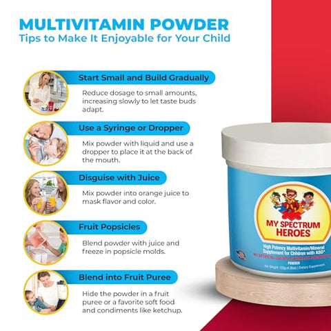 My Spectrum Heroes - Multivitamínico Infantil em Pó – Fácil de Misturar, Melhor Absorção, Não-OGM, Sem Glúten, Sem Ingredientes Artificiais – Ajuda Neural para Crianças no Espectro – [Nome da Marca]