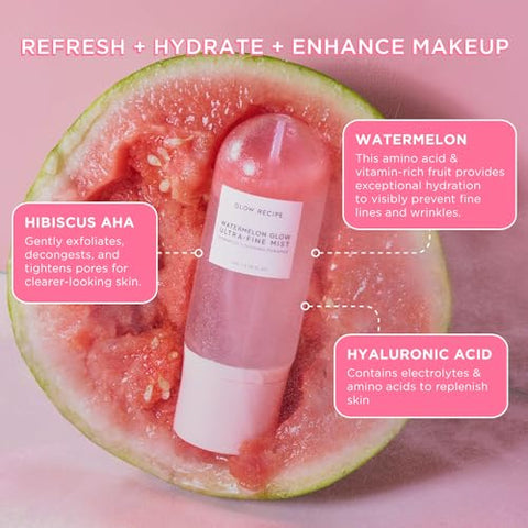 Watermelon Glow Ultra-Fine Facial Mist Spray – Bruma Facial Ultrafina de Melancia para Pele Fresca e Radiante – Bruma Facial Hidratante com Ácido Hialurônico, Hibisco AHA e Vitamina E – Melancia - Glow Recipe