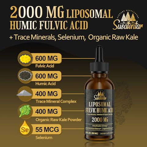 Susatentar - Trace Minerals Electrolytes Drops 2000 MG | Suplemento de Ácido Fulvico Humico Lipossomal Líquido | 72 Minerais Traços | Hidratação | Desintoxicação | Energia | Equilíbrio de pH | Digestão |