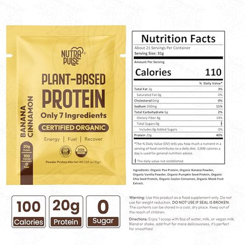 NUTRAPULSE - Amostra de Proteína Vegana Orgânica em Pó – Proteína à Base de Plantas, Sem Glúten, Não Transgênica, 20g de Proteína por Porção, Ideal para Smoothies