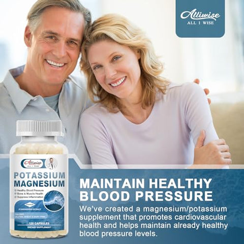 Alliwise - Suplemento Premium de Magnésio e Potássio – 120 Cápsulas – Sem GMO, Sem Glúten, Potássio Absorvível 200mg, Complexo de Magnésio 100mg, para Ossos