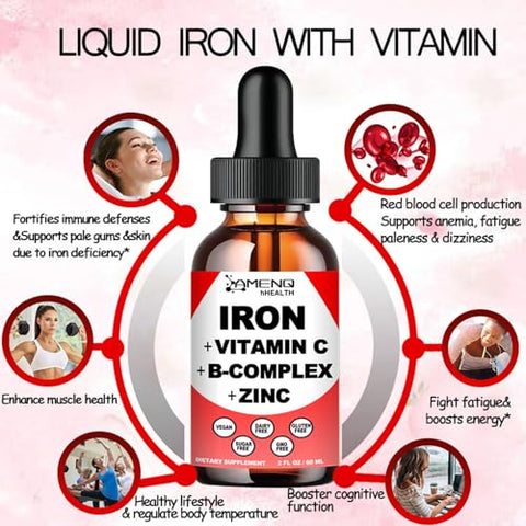 AMENQ hHEALTH - Suplemento Líquido de Ferro com Vitamina C, A, Complexo B – Gotas Veganas de Ferro de Alta Potência