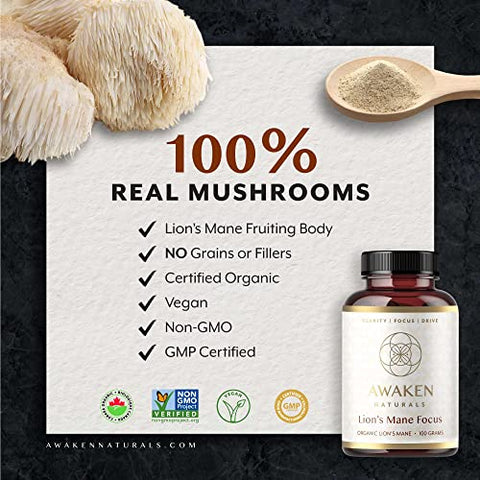 Awaken Naturals - Suplemento Orgânico de Cogumelo do Leão Mane – Potencialize sua Saúde com a Marca Orgânica