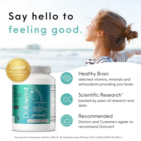 Alívio Natural de Enxaqueca com Magnésio para Enxaquecas, Vitamina B2 400mg, CoQ10 – Suplemento Alimentar para Saúde Cerebral – 1 Frasco - Dolovent