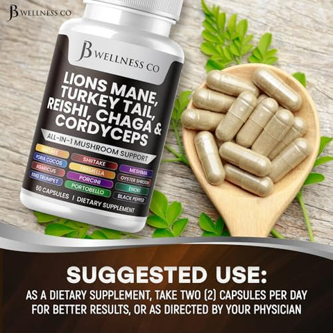 JB Wellness Co - Lions Mane 3000mg + Turkey Tail 2000mg + Reishi 1000mg + Cordyceps 1000mg + Chaga 1000mg + Marshmallow Root 180 Cápsulas | Suporte Cognitivo e Imunológico | Saúde com 20in1 Cogumelo | Marca em Destaque