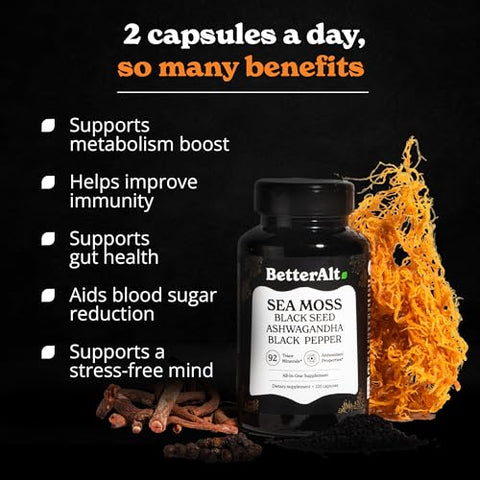 Better Alt - Cápsulas de Sea Moss – Sea Moss Irlandês com Óleo de Semente Preta e Ashwagandha | 100% Natural | 60 cápsulas | 500mg | Aumente sua saúde e vitalidade