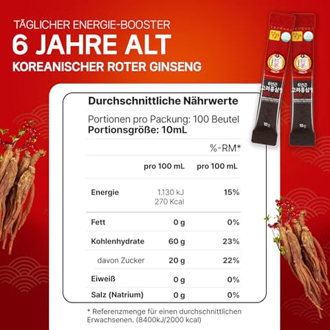 JUNGWONSAM - 6 Anos de Extrato de Ginseng Vermelho Coreano 365 | 100 Sticks | Vegano | 7mg de Ginsenosídeos por Stick | Energia, Concentração, Fadiga, Suporte Imunológico | Suplemento Diário de Vitalidade para Homens