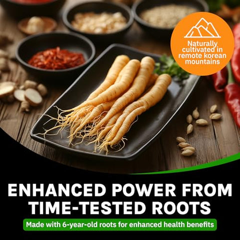 Ginseng Vermelho Coreano Autêntico – Produzido na Coreia – Raízes de 6 Anos – Sem Aditivos ou Outros Ingredientes – 100% Ginseng Panax Vermelho em Cada Comprimido - Auragin