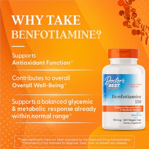 Doctor's BEST - Doctor’s Best Benfotiamine 150 com BenfoPure – Ajuda a Manter o Metabolismo da Glicose, Não-OGM, Vegano, Livre de Glúten e Soja, 150 mg, 360 Cápsulas Vegetais