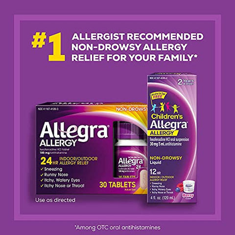 Adult 24HR Antialérgico Não Sonolento, 30 Comprimidos, Alívio Rápido dos Sintomas de Alergia, 180 mg - Allegra
