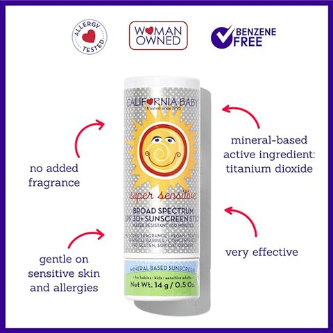 Protetor Solar em Bastão California Baby Super Sensitive SPF 30 | Amplo Espectro | Hipoalergênico sem Fragrância | Dióxido de Titânio | 14g
