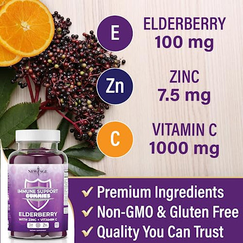 Gummies de Suporte ao Sistema Imunológico NEW AGE – Gummies de Sabugueiro Negro Sambucus com Vitamina C e Zinco (Suporte Imunológico 120 Gummies)