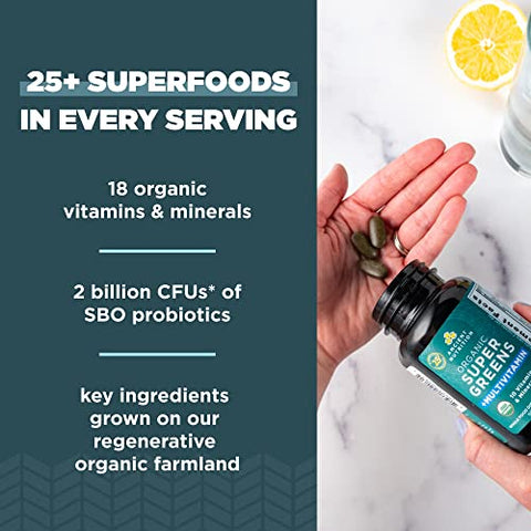 SuperGreens e Multivitaminas Orgânicas com Probióticos, Feitos de Frutas, Vegetais e Ervas Reais, para Suporte Digestivo, Desintoxicação e Energia, 90 comprimidos - Ancient Nutrition