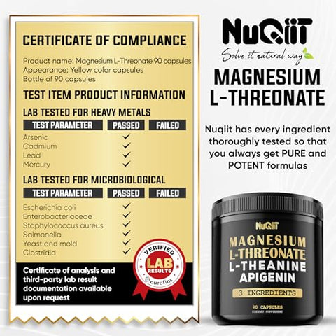 NUQIIT - Magnésio L-Treonato 1500mg L-Teanina 200mg Apigenina 100mg – 90 Cápsulas – Benefícios Impressionantes para Concentração e Mente Tranquila