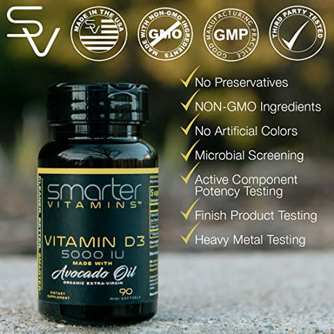 SmarterVitamins - (3 Pack) Smarter Vitamin D3 5000 IU em Óleo de Abacate 125mcg 270 Mini Cápsulas Softgels – Aumente sua saúde com a marca Smarter