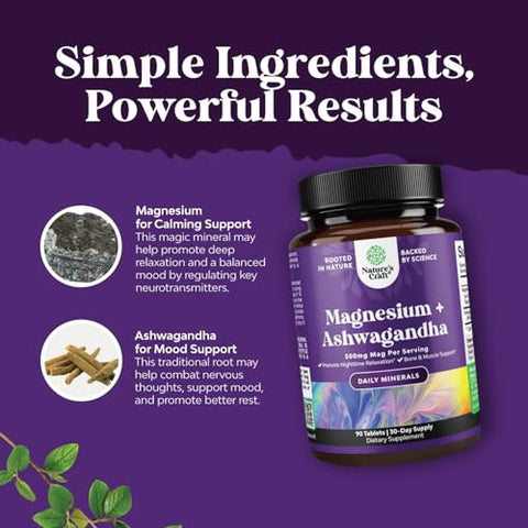 Natures Craft - Magnésio Glicinato 500mg com Raiz de Ashwagandha – Suplemento Calmante de Magnésio para Mulheres e Homens – Vegano 500mg Quelato de Magnésio Amortecido por Porção para Humor, Sono e
