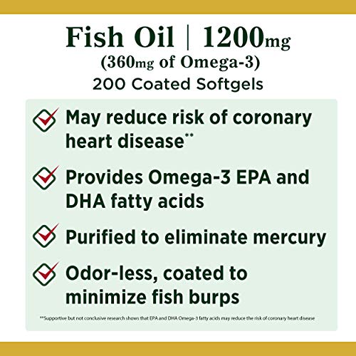 Nature's Bounty - Óleo de Peixe Nature’s Bounty, Apoia a Saúde do Coração, 1200 Mg, 360mg Ômega-3, 200 Cápsulas Softgels sem Odor