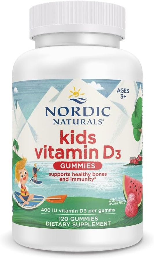 Gummies Kids Vitamina D3, Melancia Selvagem – 120 Gummies – 400 UI Vitamina D3 – Saúde Óssea, Imunidade Saudável – Não-OGM, Vegetariano – 120 Porções - Nordic Naturals