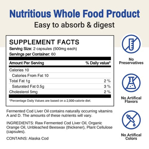 Óleo de Fígado de Bacalhau Fermentado Green Pasture Sabor Laranja 120 Cápsulas – 100% Natural e Rico em Ômega-3