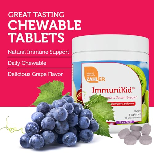 Kids – Suplemento de Suporte Imunológico com Sabugueiro, Zinco e Vitaminas para Crianças com Vitamina C D3 A – Comprimidos Mastigáveis com Sabor de Uva – Kosher Suporte Imunológico Infantil para Crianças - Zahler