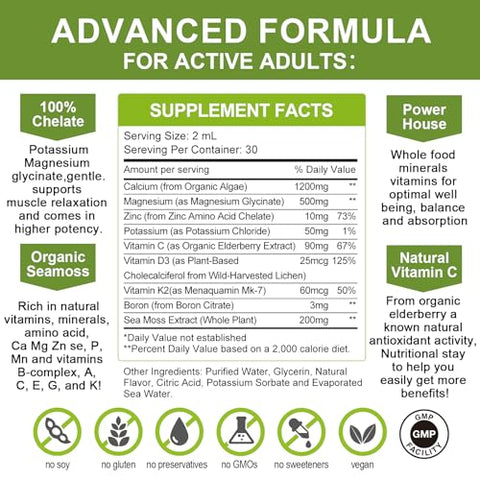 Mulittea - Suplemento de Cálcio Magnésio Zinco com Glicinato de Magnésio 500mg Mais Vitamina C D3 K2 | Fornecimento de 2 Meses | Suplemento de Cálcio com Vitamina D3 K2 em Gotas Líquidas | Sem Glúten | Embalagem com 2 Unidades