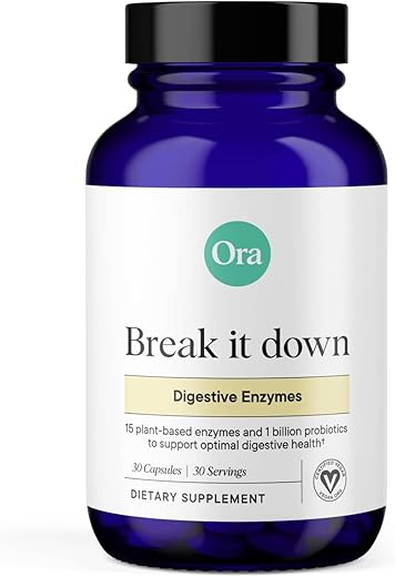 Suplemento Multienzimático Vegano, Sem Glúten para Digestão com Probióticos para Saúde Intestinal, Alívio de Inchaço, Prisão de Ventre e Gases – 30 Cápsulas Fáceis de Engolir - Ora Organic