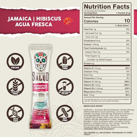 Taste Salud - Salud Hibiscus – Jamaica Agua Fresca em Pó, Sachês de Hidratação 2 em 1 com Eletrólitos, Sabores de Sabugueiro e Lácteo – 10g