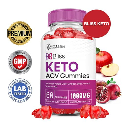 Justified Laboratories - (2 Pacotes) Bliss Keto ACV Gummies Fórmula Avançada 1000MG Bliss Keto Gummies Vinagre de Maçã Aumenta Formulado com Suco de Romã em Pó Beterraba B12 Vegano Não GMO 120 Gomas