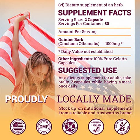 HERBALICIOUS - Cápsulas de Quinina – Suplemento Herbal de Casca de Cinchona Officinalis para Saúde Muscular, Defesa contra Cãibras e Digestão Geral – Comprimidos de Sulfato de Quinina 100% Natural, 500mg por Cápsula, 160