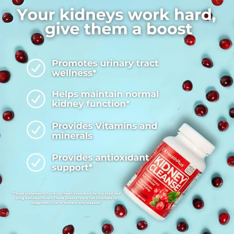 Advanced Kidney Cleanse com Extrato de Cranberry, Raiz de Cúrcuma e CoQ10, Ajuda a Apoiar a Função Saudável dos Rins - Health Plus