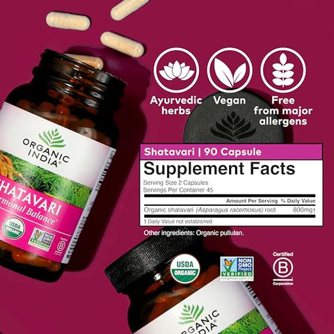 Shatavari Capsules – Suporte Hormonal, Sistema Imunológico, Vegano, Livre de Glúten, Orgânico USDA – 90 Cápsulas - ORGANIC INDIA