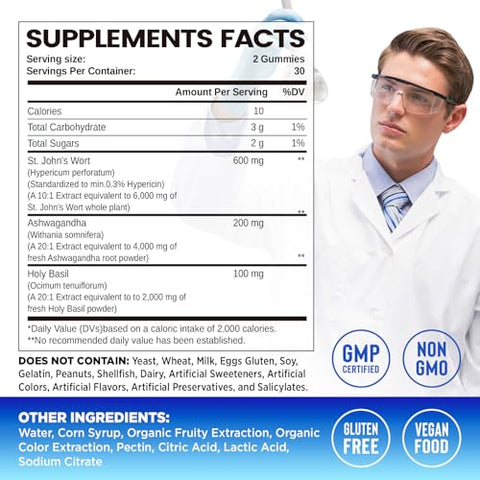 duwhot - Gomas de Hipérico 600mg, 3 em 1 Suplementos Orgânicos de Ervas para Alívio do Estresse, Suporte ao Sistema Nervoso, com Ashwagandha