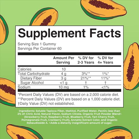 Suplemento Nutricional Infantil, 2 Meses de Fornecimento, Sem Açúcar, Prebiótico, para Crianças a partir de 2 anos, Suporte para Saúde Intestinal e Digestão, 3g de Fibra Solúvel por Goma, 60 Unidades - MaryRuth Organics