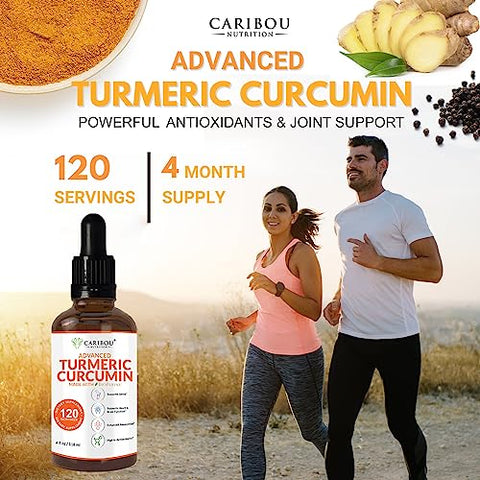 Caribou Nutrition - Curcuma Líquida com Curcumina e Bioperina para Absorção Aumentada – Suporte Articular – Extrato de Curcuma com Pimenta Preta – 2 Meses de Fornecimento – 120ml