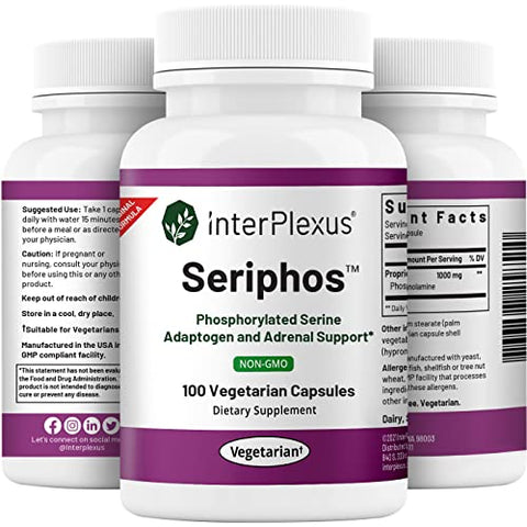 InterPlexus - Seriphos – Suplemento de Fosforilada de Serina Adaptogênica e Adrenal – Suporta a Função Adrenal Saudável, Livre de Glúten, Lactose e Soja – 100 Cápsulas (100 Porções)
